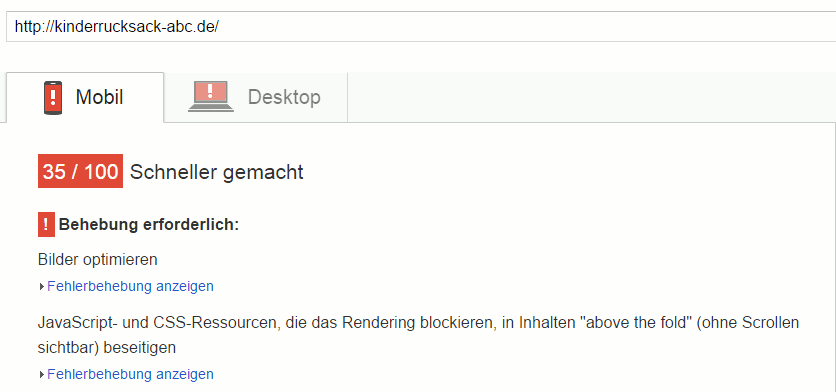 Pagespeed kinderrucksack-abc