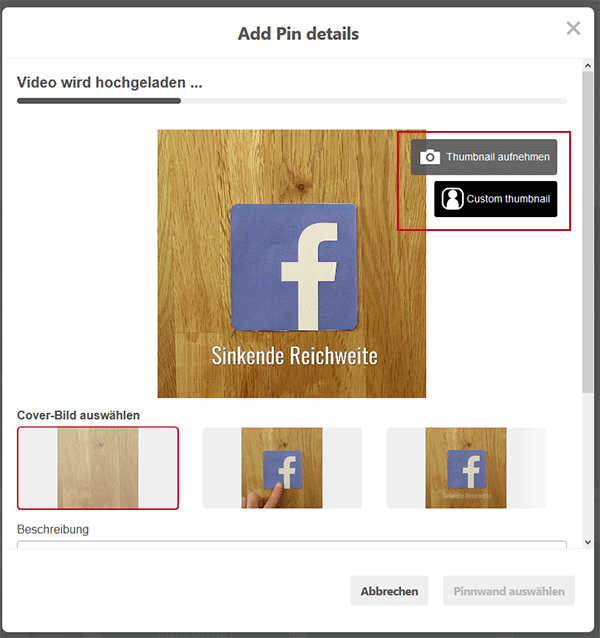 Pinterest Video-Upload Fenster