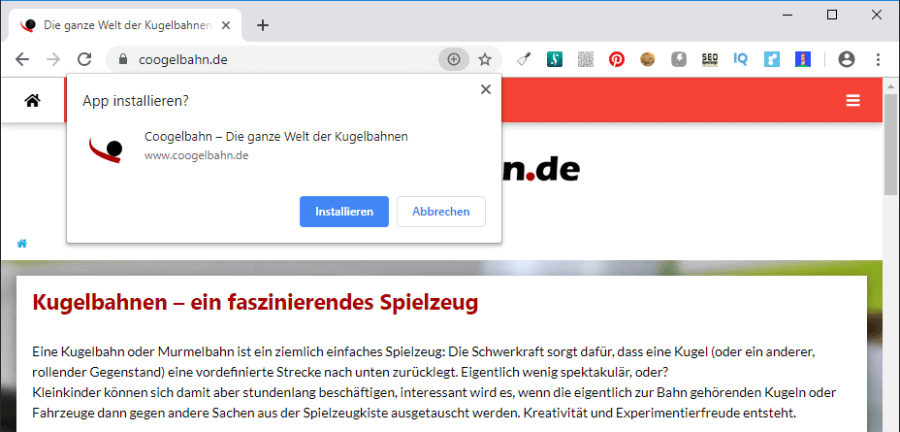 Installationsfenster für eine PWA